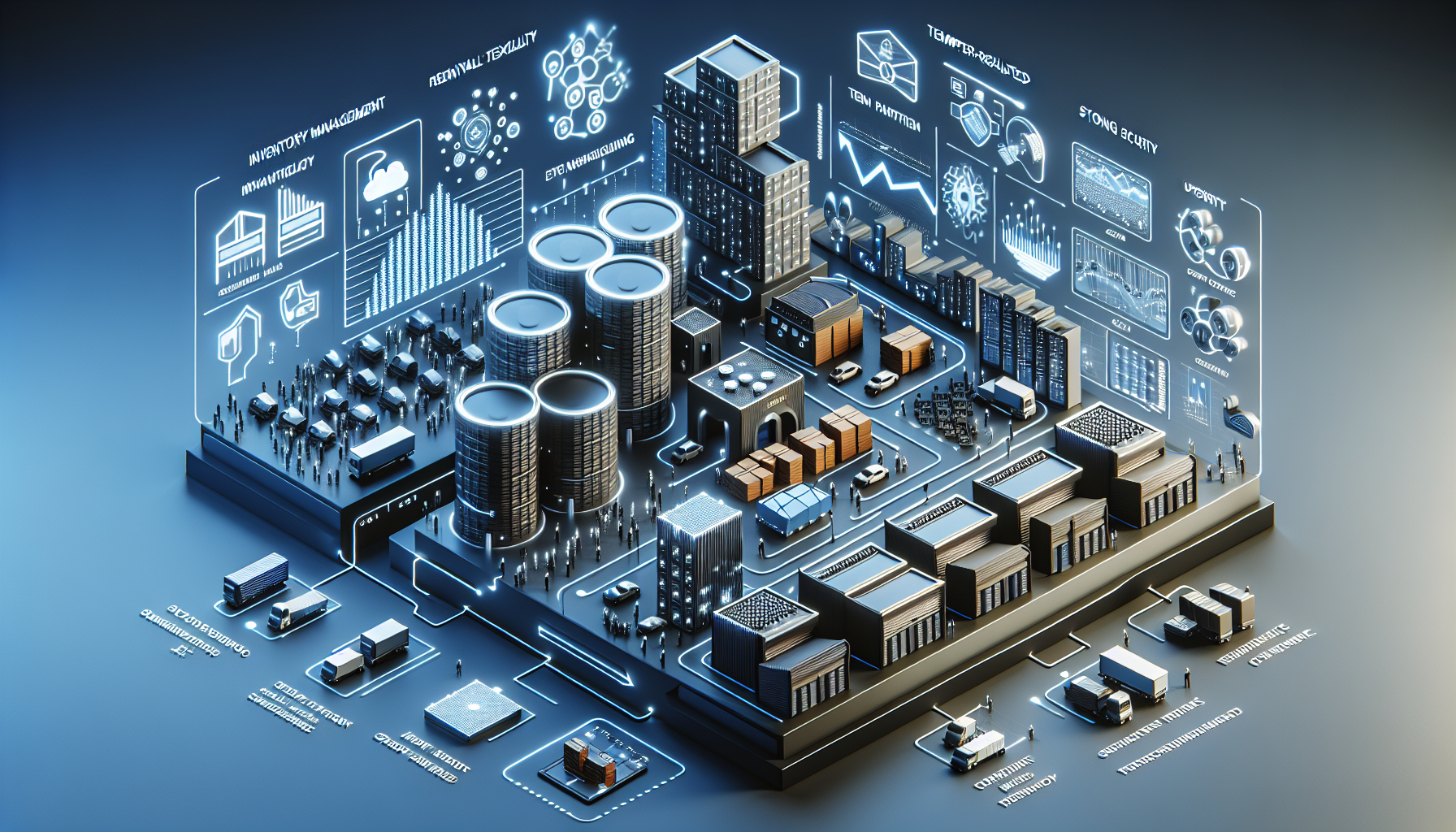 A detailed and futuristic representation of a logistics and inventory management system, featuring various buildings, storage facilities, and vehicles on a stylized platform. Overhead, digital panels display data visualizations and metrics related to inventory management, technology, and operational efficiency, all highlighted against a dark gradient background.