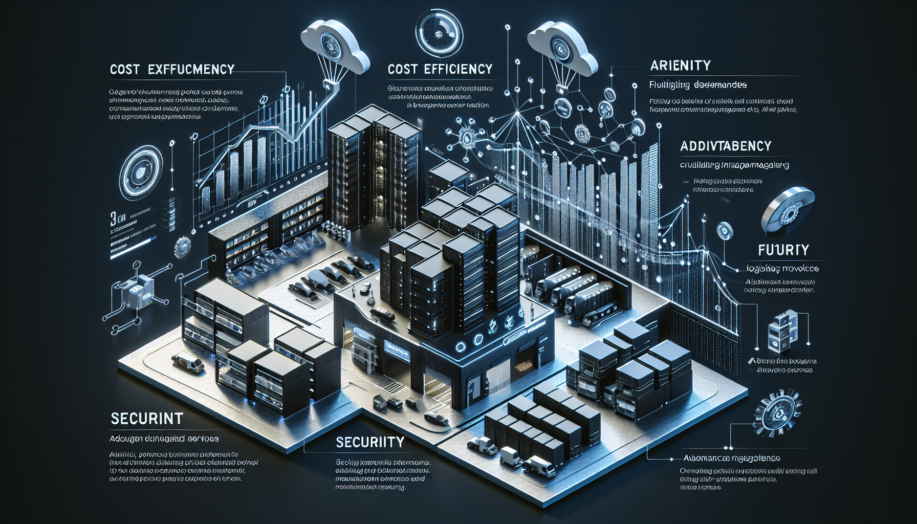 A 3D isometric illustration of a futuristic logistics and warehouse complex, featuring tall buildings and parking areas filled with trucks. The design includes digital overlays with terms like 