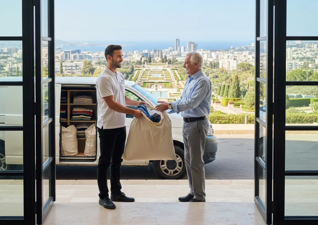 שליח מבצע שירותי כביסה ואוסף סל כביסה מלקוח מפתח ביתו