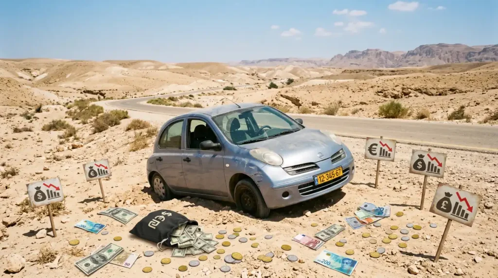 רכב פרטי תקוע בחול בצד הכביש לאילת עם שטרות כסף ומטבעות מפוזרים, המדגים את העלויות הגבוהות של נהיגה עצמית.