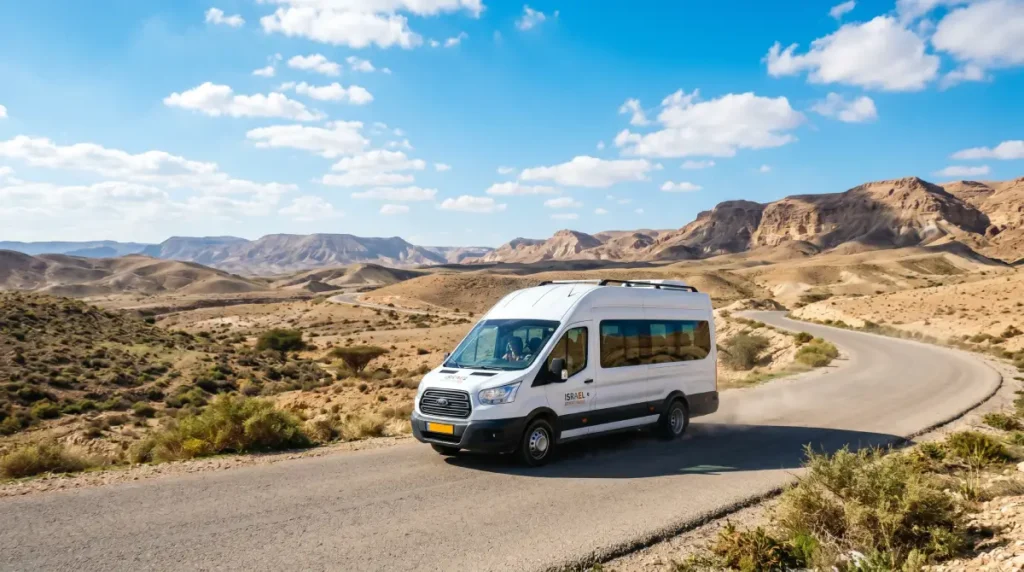 מיניבוס הסעות מודרני של חברת אור בוס נוסע בבטחה בכביש הערבה המפותל בדרך לאילת.